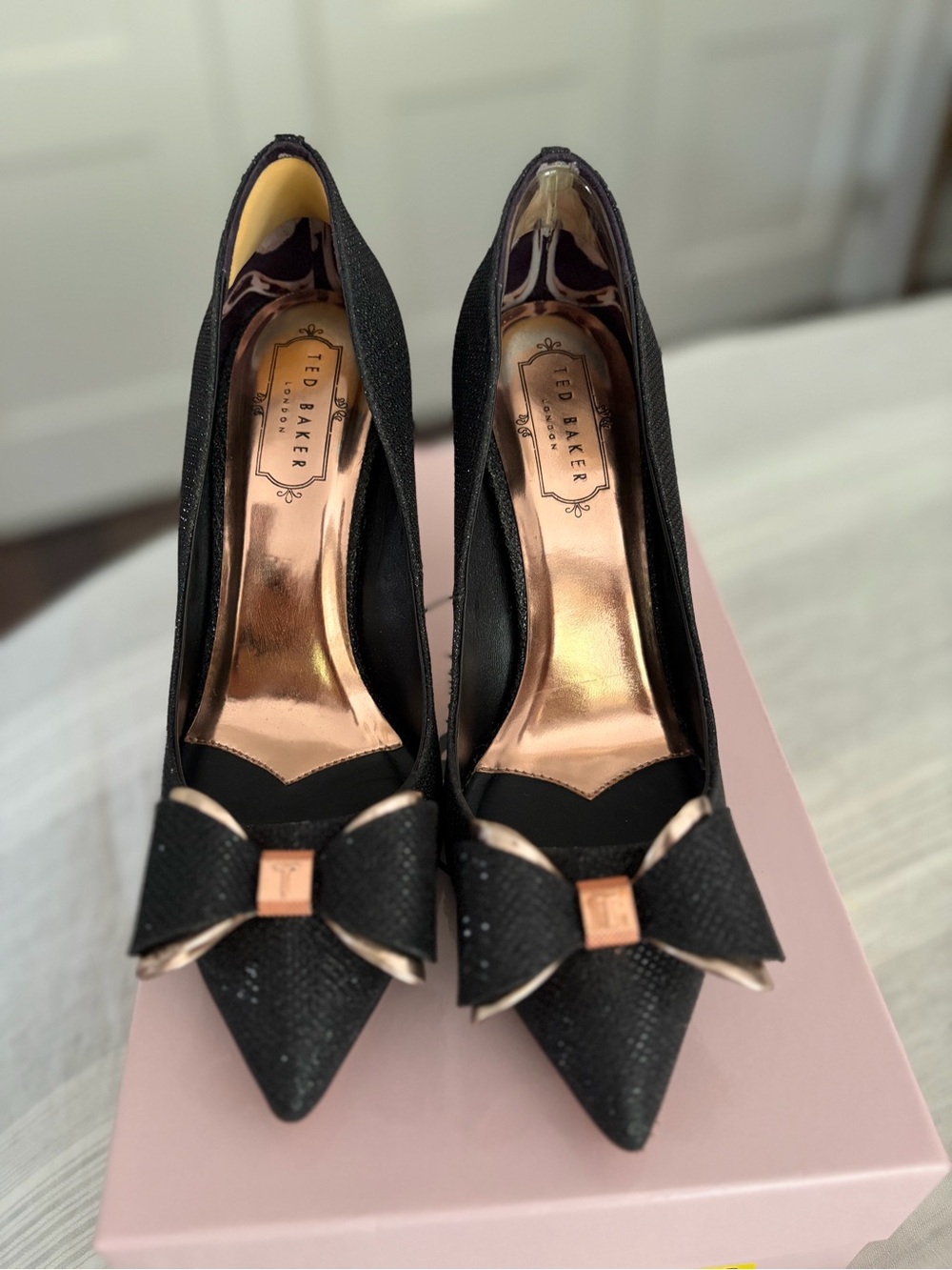 Ted Baker Black Glitter Bow Pumps